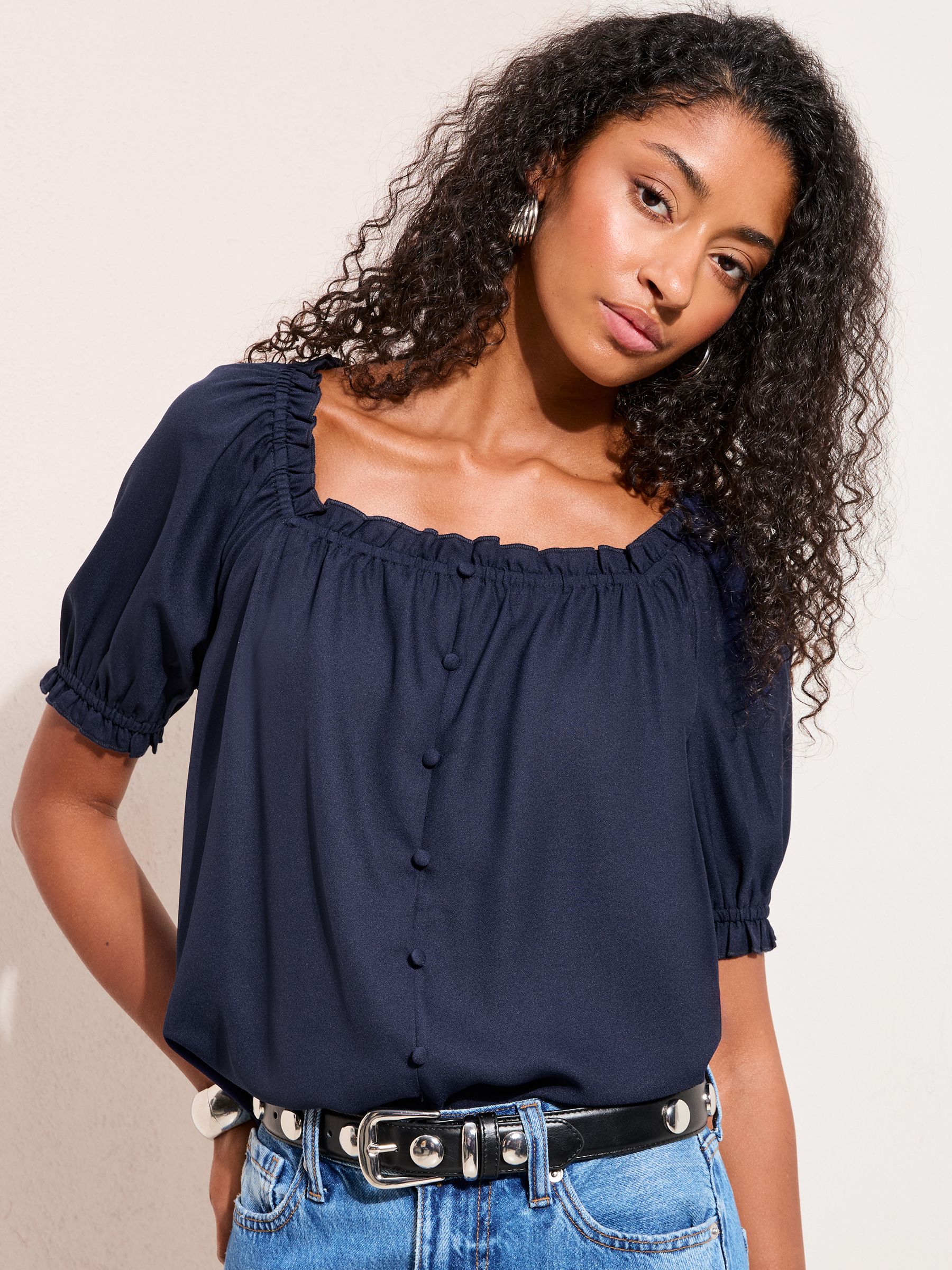 Buy Friends Like These Navy Short Sleeve Button Front Blouse from