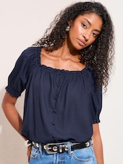 Friends Like These Navy Short Sleeve Button Front Blouse - Image 1 of 4