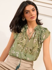 Friends Like These Green Floral Ruffle Sleeve Blouse With Bead Detail Ties - Image 2 of 4