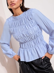 Friends Like These Blue Stripe Long Sleeve Shirred Detail Blouse - Image 1 of 5