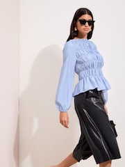 Friends Like These Blue Stripe Long Sleeve Shirred Detail Blouse - Image 2 of 5