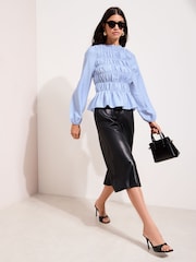 Friends Like These Blue Stripe Long Sleeve Shirred Detail Blouse - Image 3 of 5