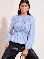 Friends Like These Blue Stripe Long Sleeve Shirred Detail Blouse - Image 4 of 5