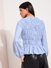Friends Like These Blue Stripe Long Sleeve Shirred Detail Blouse - Image 5 of 5