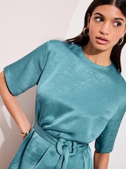 Friends Like These Green Short Sleeve Crushed Satin Buckle Blouse - Image 1 of 4