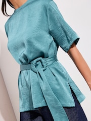 Friends Like These Green Short Sleeve Crushed Satin Buckle Blouse - Image 2 of 4