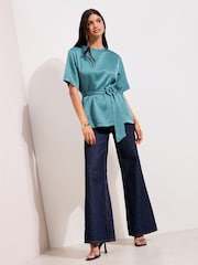 Friends Like These Green Short Sleeve Crushed Satin Buckle Blouse - Image 3 of 4