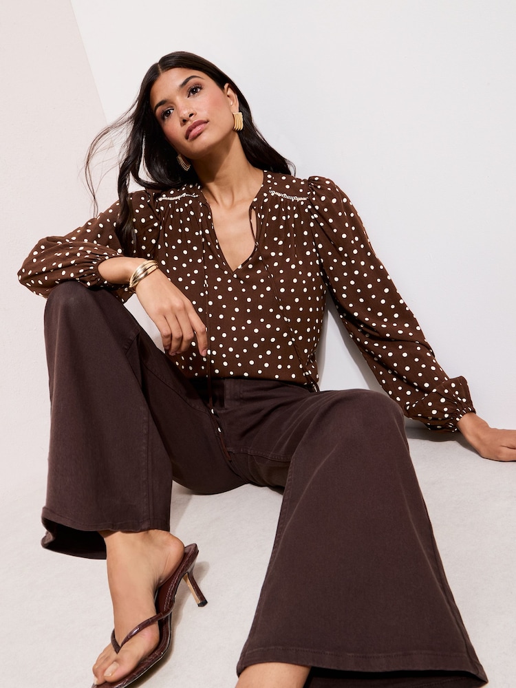 Friends Like These Chocolate Brown Spot Long Sleeve Crochet Detail Blouse - Image 2 of 4