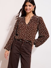 Friends Like These Chocolate Brown Spot Long Sleeve Crochet Detail Blouse - Image 3 of 4