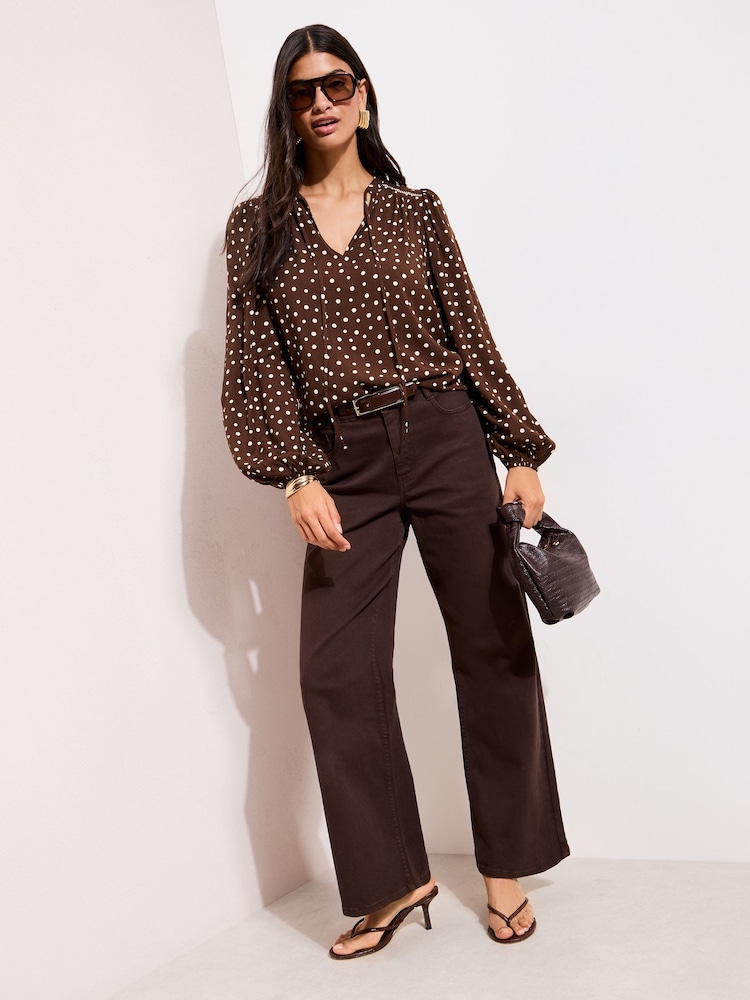 Friends Like These Chocolate Brown Spot Long Sleeve Crochet Detail Blouse - Image 4 of 4