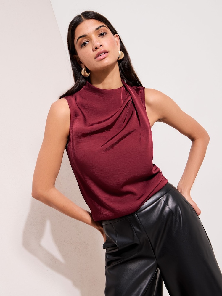 Friends Like These Red Sleeveless Drape Detail Satin Blouse - Image 1 of 5 Friends Like These Red Sleeveless Drape Detail Satin Blouse - Image 1 of 5