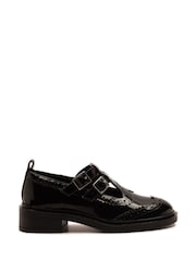 Off The Hook Black Holly Leather T-Bar Mary Jane Brogue School Shoes - Image 1 of 6