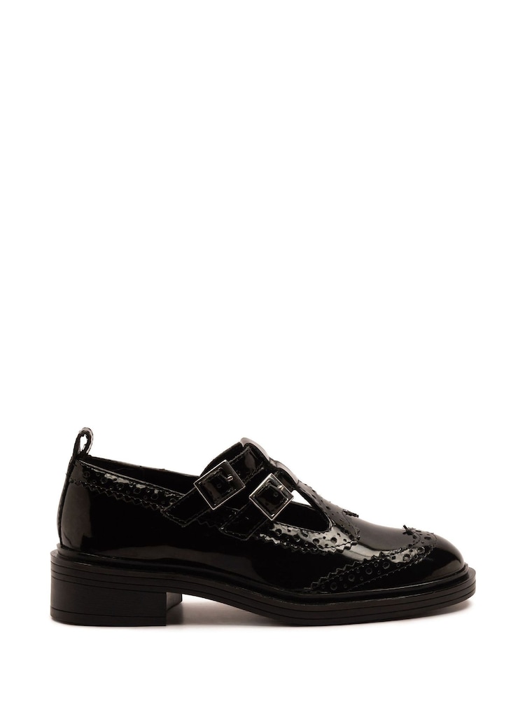 Off The Hook Black Holly Leather T-Bar Mary Jane Brogue School Shoes - Image 1 of 6