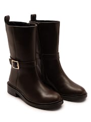 Off The Hook Brown Steele Leather Buckle Detail Mid-Calf Boots - Image 1 of 6