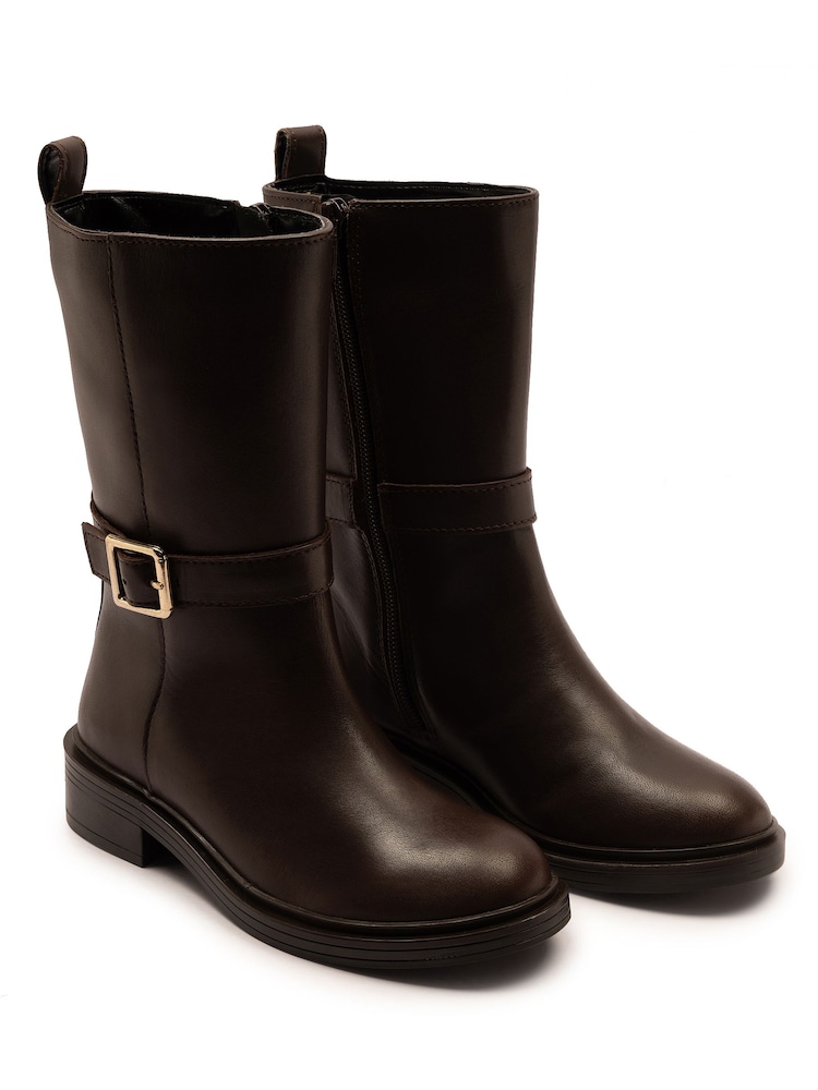 Off The Hook Brown Steele Leather Buckle Detail Mid-Calf Boots - Image 1 of 6 Off The Hook Brown Steele Leather Buckle Detail Mid-Calf Boots - Image 1 of 6