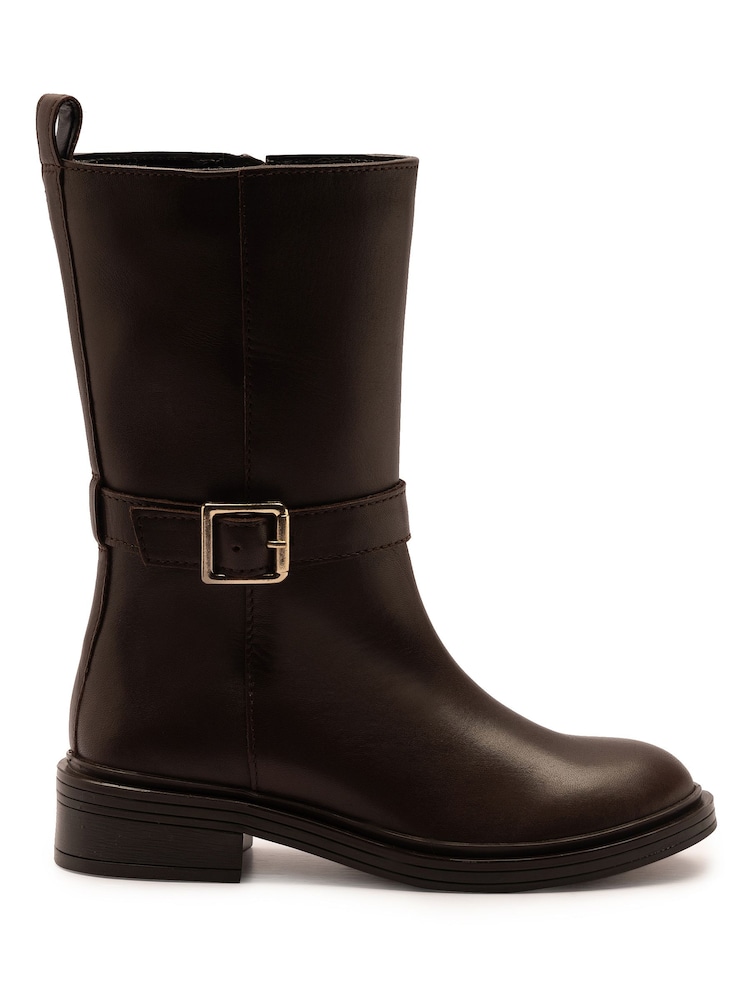 Off The Hook Brown Steele Leather Buckle Detail Mid-Calf Boots - Image 2 of 6 Off The Hook Brown Steele Leather Buckle Detail Mid-Calf Boots - Image 2 of 6