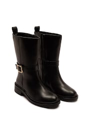 Off The Hook Black Steele Leather Buckle Detail Mid-Calf Boots - Image 1 of 6