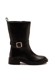 Off The Hook Black Steele Leather Buckle Detail Mid-Calf Boots - Image 2 of 6