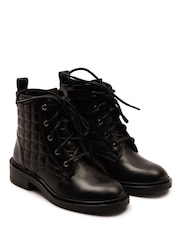 Off The Hook Black Sophia Leather Quilted Ankle Lace-Up Boots - Image 1 of 6