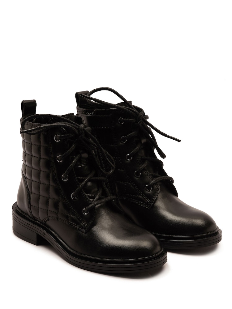 Off The Hook Black Sophia Leather Quilted Ankle Lace-Up Boots - Image 1 of 6 Off The Hook Black Sophia Leather Quilted Ankle Lace-Up Boots - Image 1 of 6