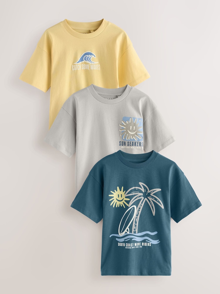 Yellow/Grey/Teal Relaxed Fit Graphic Print Short Sleeve T-Shirts 3 Pack (3-16yrs) - Image 1 of 8