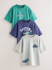 أزرق/رمادي/أخضر - حزمة من 3 قطع تيشرت بكُم قصير بتلبيس مريح مزيَّن بطبعة جرافيك (3-16سنوات) - صورة 1 من 7