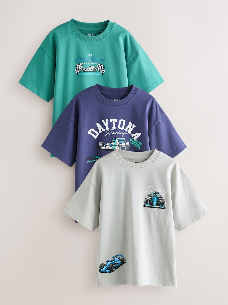 أزرق/رمادي/أخضر - حزمة من 3 قطع تيشرت بكُم قصير بتلبيس مريح مزيَّن بطبعة جرافيك (3-16سنوات) - صورة 1 من 7