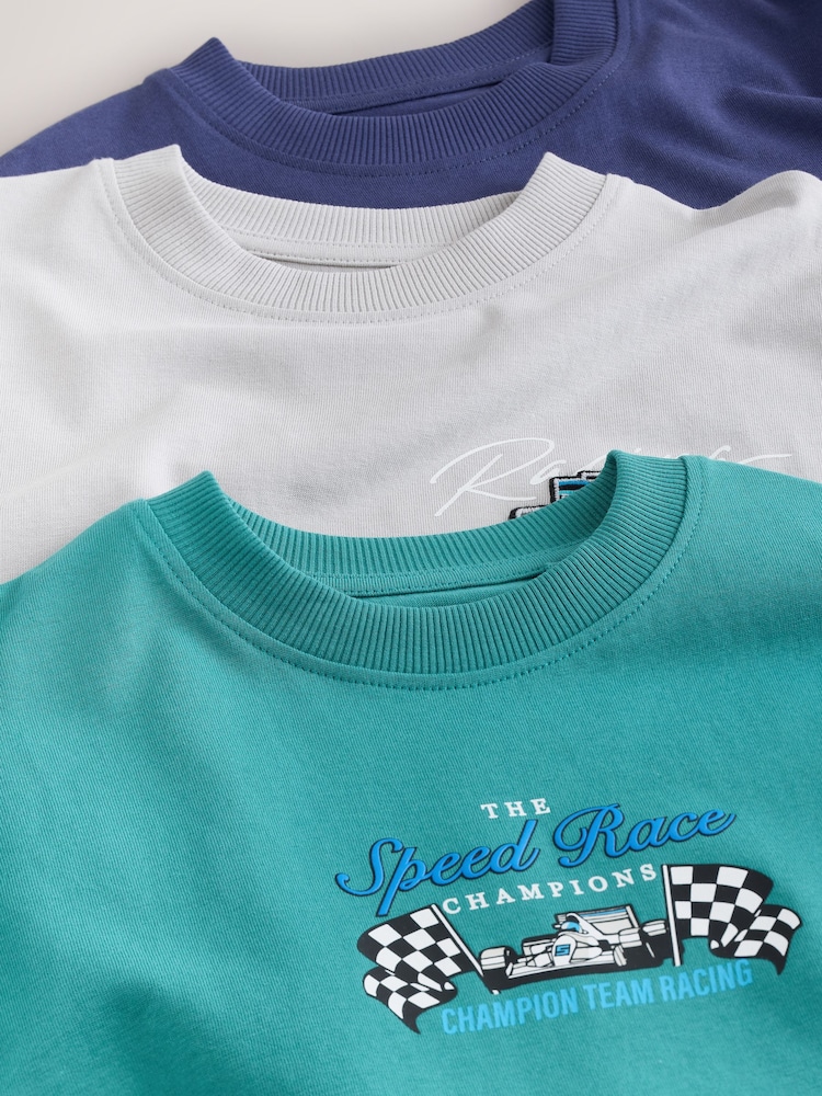 أزرق/رمادي/أخضر - حزمة من 3 قطع تيشرت بكُم قصير بتلبيس مريح مزيَّن بطبعة جرافيك (3-16سنوات) - صورة 7 من 7