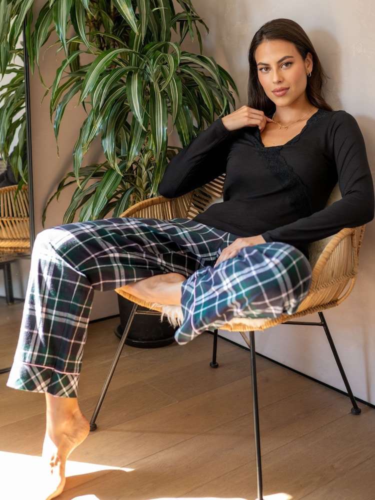 Pour Moi Green Cosy Check Brushed Cotton Trousers - Image 1 of 2