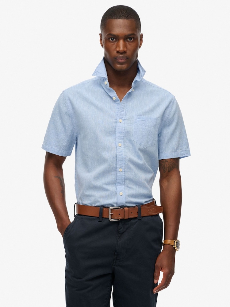 Superdry Blue City Cotton Linen Short Sleeve Shirt - Image 1 of 4