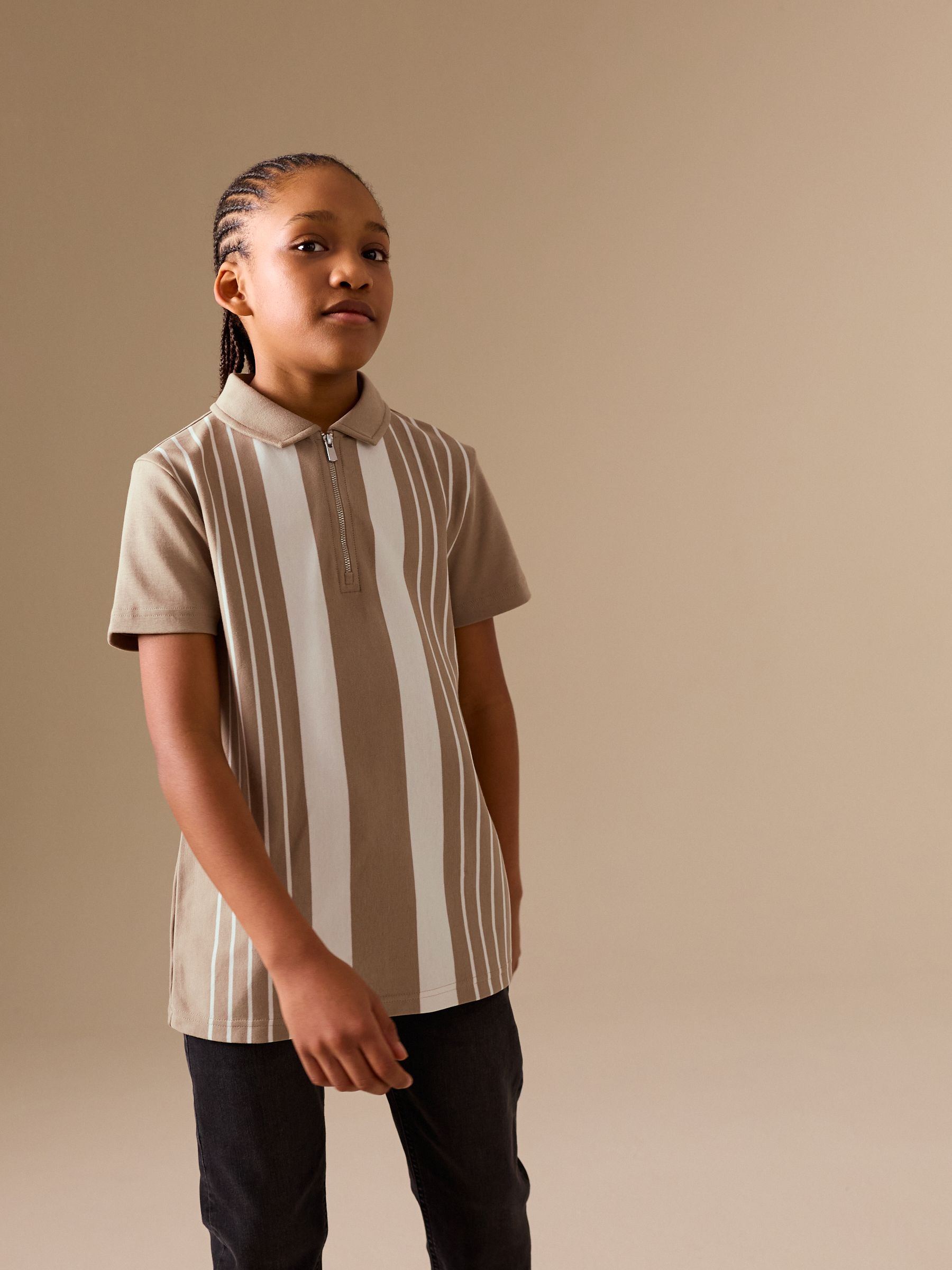 トップス NC Buy Neutral Vertical Stripe Zip Neck Polo Shirt (3-16yrs) from