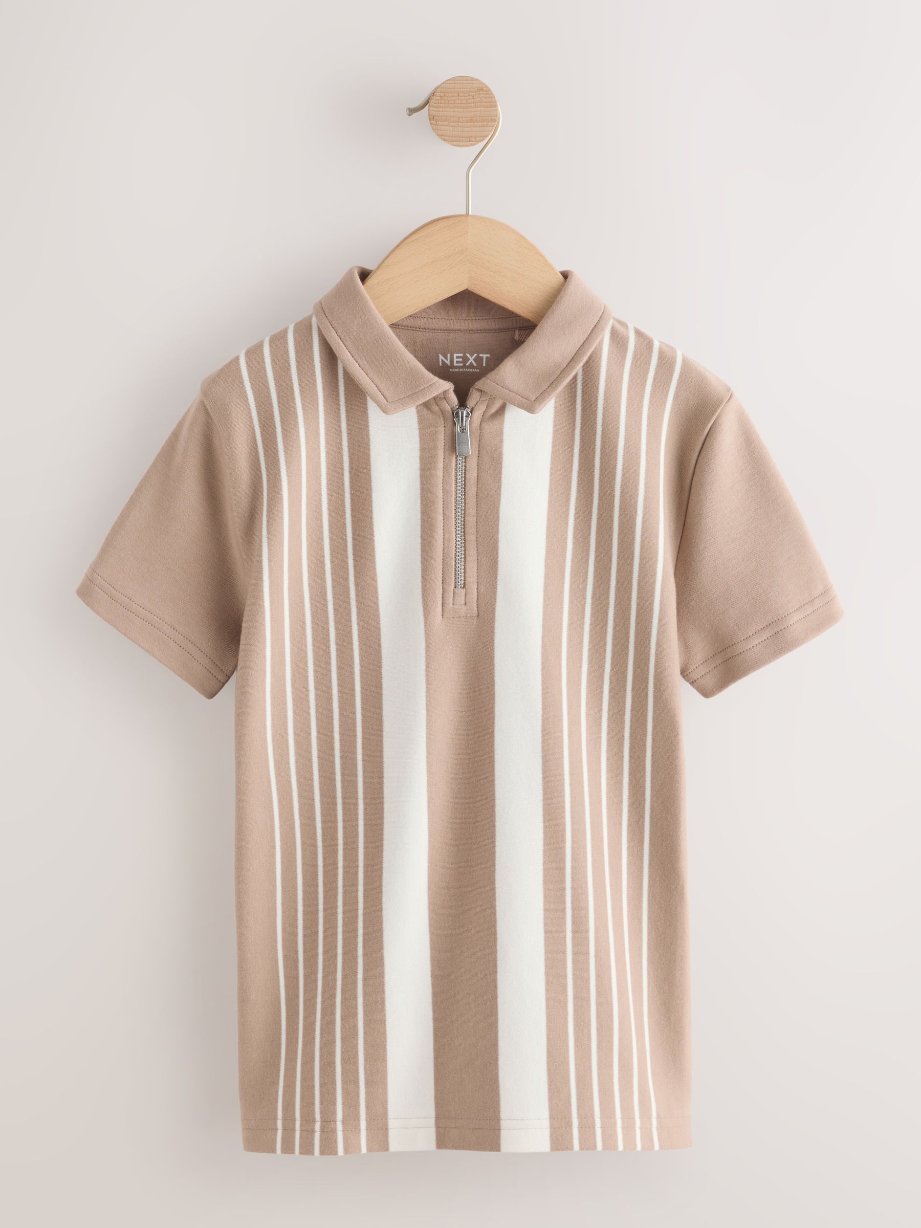 Buy Neutral Vertical Stripe Zip Neck Polo Shirt (3-16yrs) from