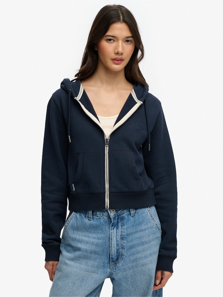 Superdry Blue Essential Logo Cropped Full Zip Hoodie - Image 2 of 7
