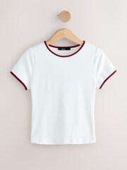 White/Burgundy Tipped Soft Touch Slinky Nylon Scoop Neck Short Sleeve Top - Image 1 of 3
