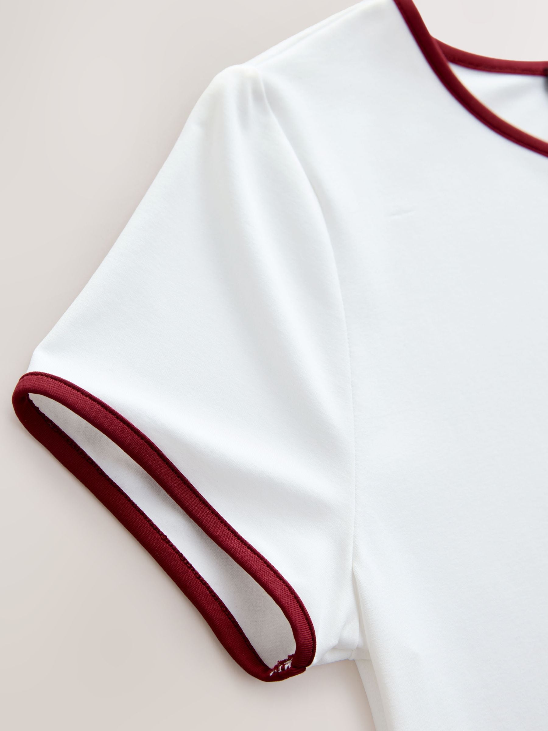 Buy White/Burgundy Tipped Soft Touch Slinky Crew Neck Short Sleeve