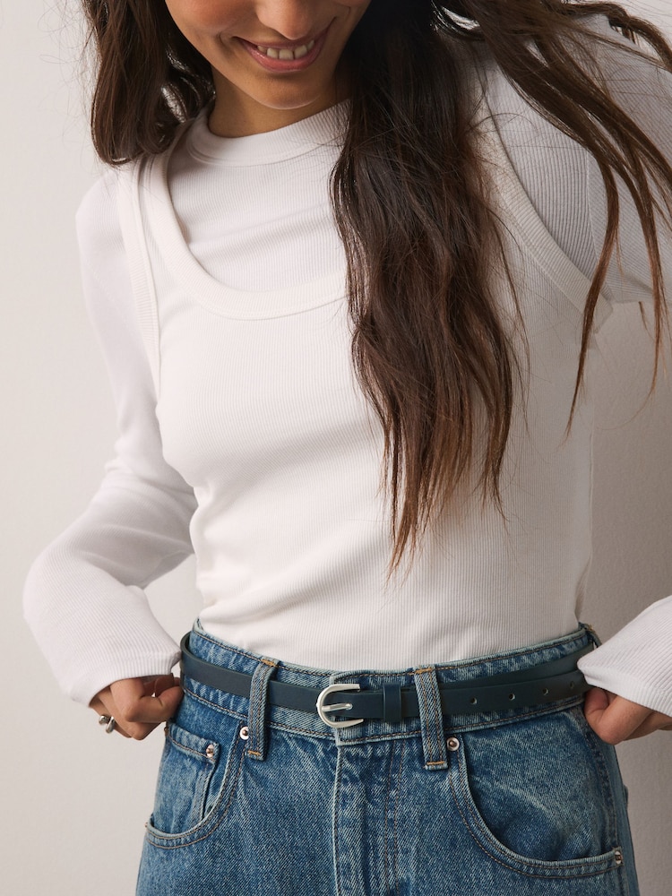 Navy Blue/Bone Skinny PU Belts 2 Pack - Image 1 of 7