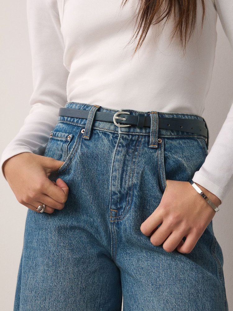 Navy Blue/Bone Skinny PU Belts 2 Pack - Image 2 of 7