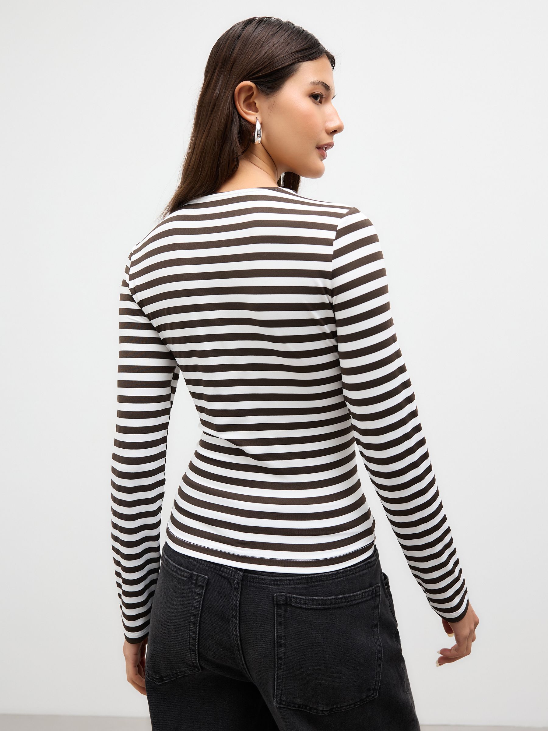 Buy Chocolate Brown/Ecru Stripe Soft Touch Slinky Nylon Crew Neck