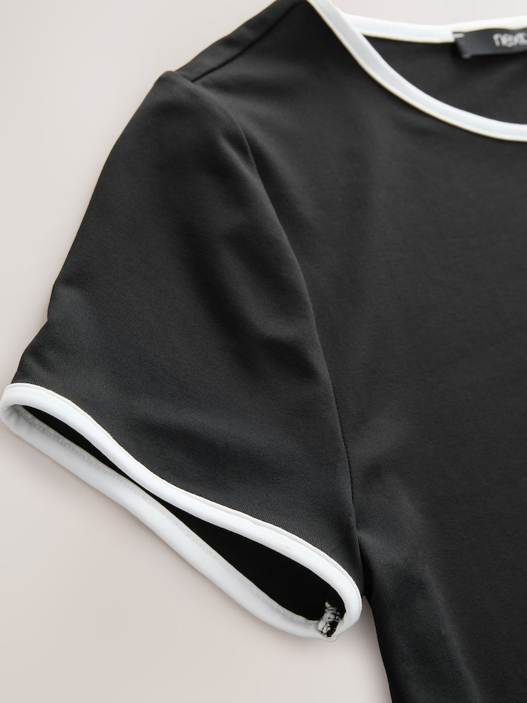 Black/White Tipped Soft Touch Slinky Nylon Scoop Neck Short Sleeve Top - Image 9 of 9 Black/White Tipped Soft Touch Slinky Nylon Scoop Neck Short Sleeve Top - Image 9 of 9