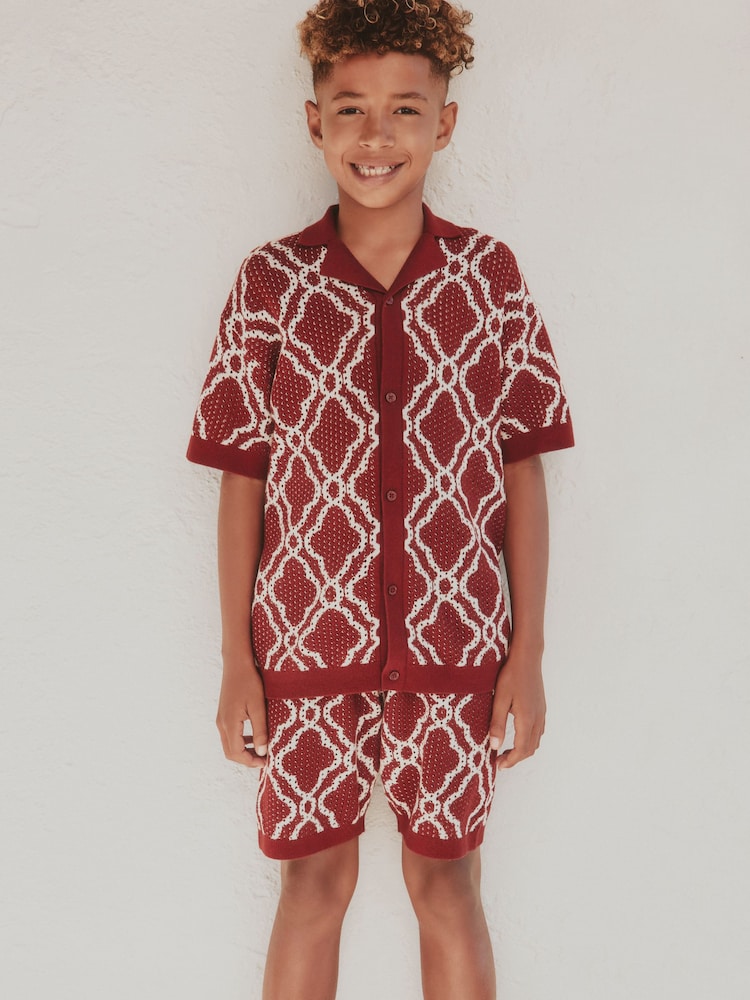 Burgundy Red Textured Knitted Polo Shirt and Shorts Set (3-16yrs) - Image 1 of 15