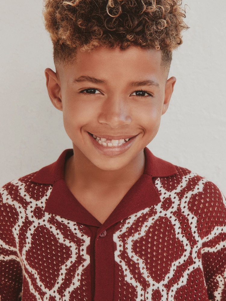 Burgundy Red Textured Knitted Polo Shirt and Shorts Set (3-16yrs) - Image 2 of 15