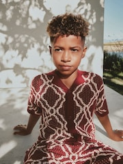 Burgundy Red Textured Knitted Polo Shirt and Shorts Set (3-16yrs) - Image 4 of 15