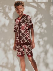 Burgundy Red Textured Knitted Polo Shirt and Shorts Set (3-16yrs) - Image 8 of 15