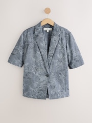 Indigo Blue Jacquard Short Sleeve Jacket with Linen - Image 1 of 3