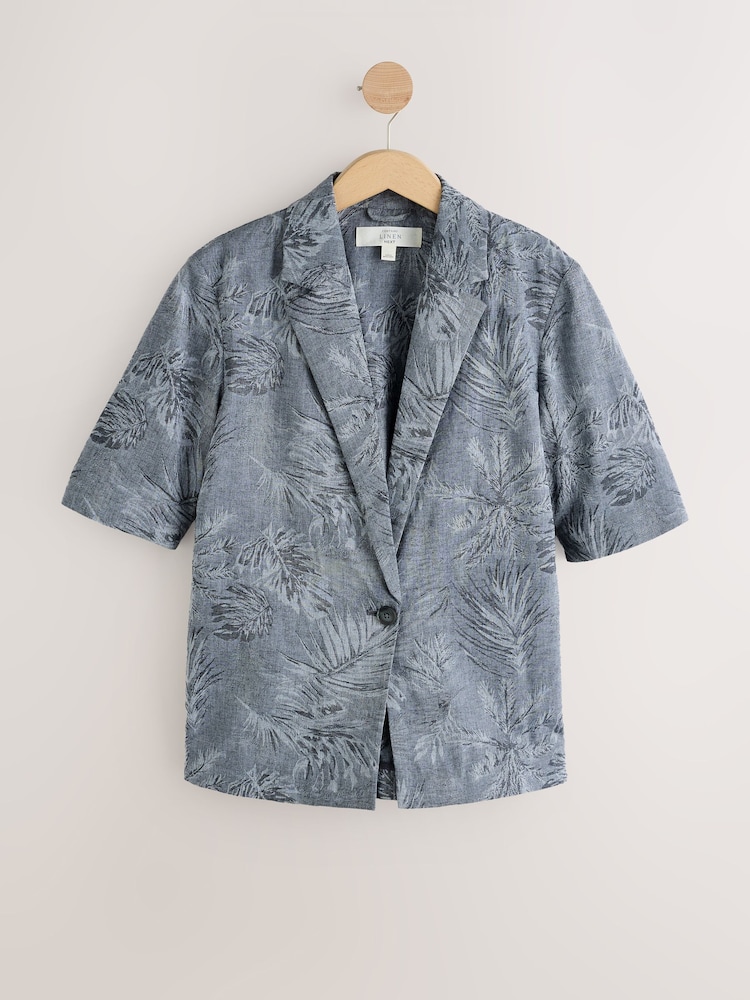 Indigo Blue Jacquard Short Sleeve Jacket with Linen - Image 1 of 3