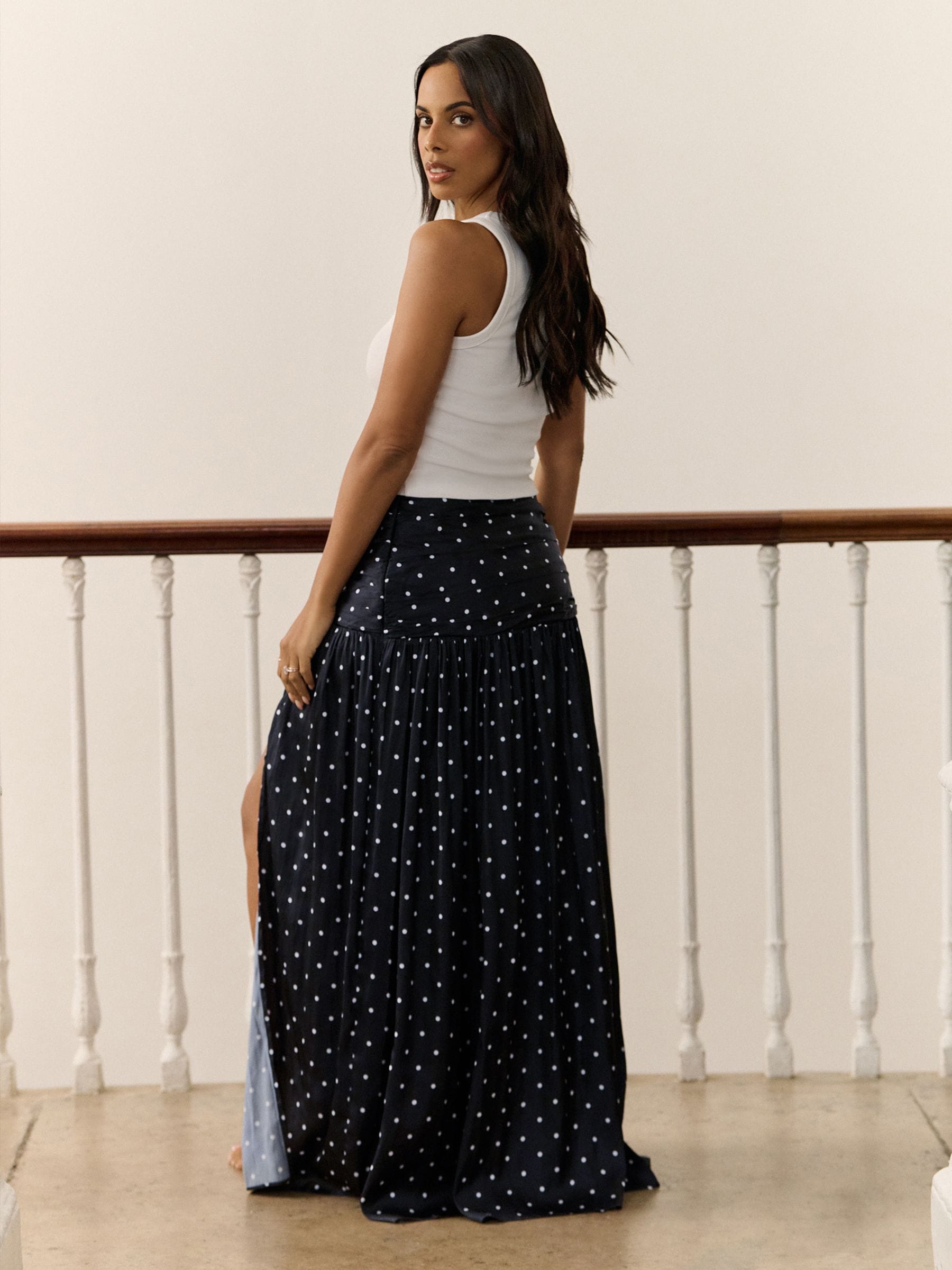 Buy Navy Blue Polka Dot Satin Drop Waist Maxi Skirt from Next USA