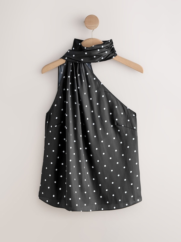 Navy Polka Dot Satin Halter Top - Image 1 of 4 Navy Polka Dot Satin Halter Top - Image 1 of 4