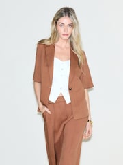 Brown Relaxed Crinkle Short Sleeve Blazer - Image 1 of 8