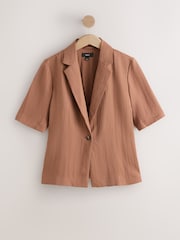 Brown Relaxed Crinkle Short Sleeve Blazer - Image 6 of 8