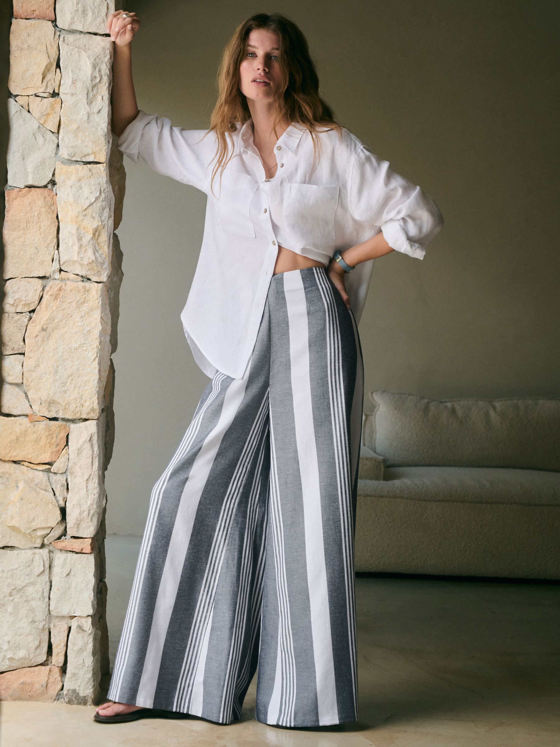 Buy Navy Blue/White Stripe - N. Premium Wide Leg Trousers from